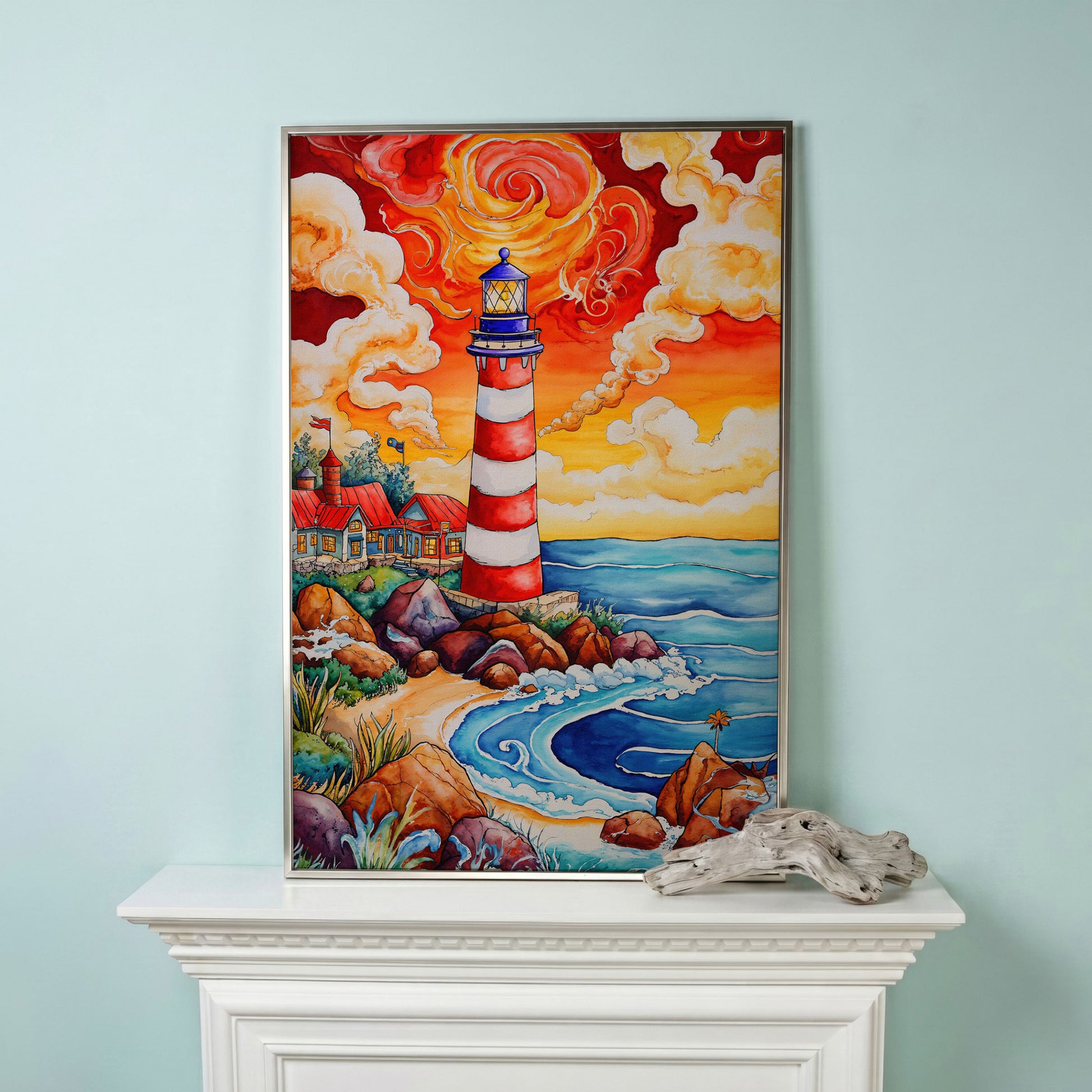 Lighthouse at Sunset, Rocky Coast Canvas Wall Art in silver floating frame