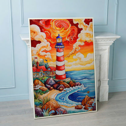 Lighthouse at Sunset, Rocky Coast Canvas Wall Art in white floating frame