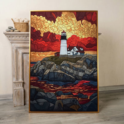 Lighthouse on Rocky Coast with Abstract Sky Canvas Print in antique gold floating frame