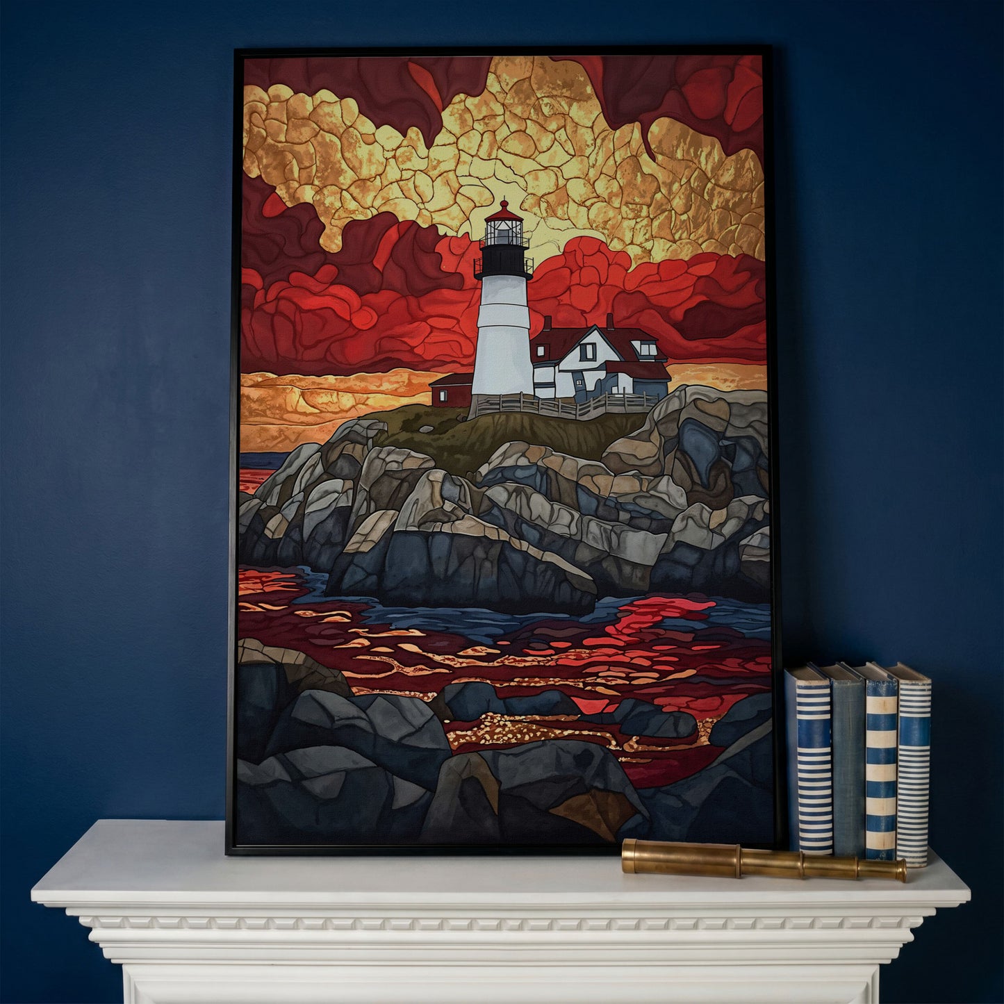 Lighthouse on Rocky Coast with Abstract Sky Canvas Print in black floating frame