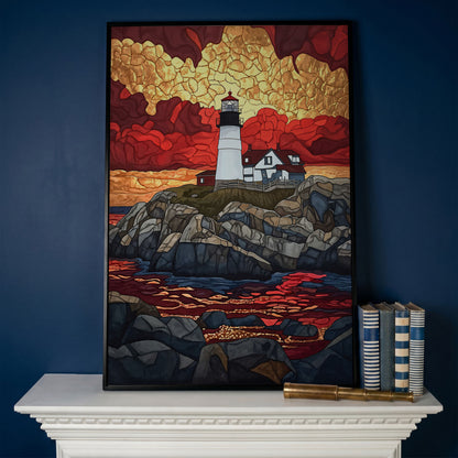 Lighthouse on Rocky Coast with Abstract Sky Canvas Print in black floating frame