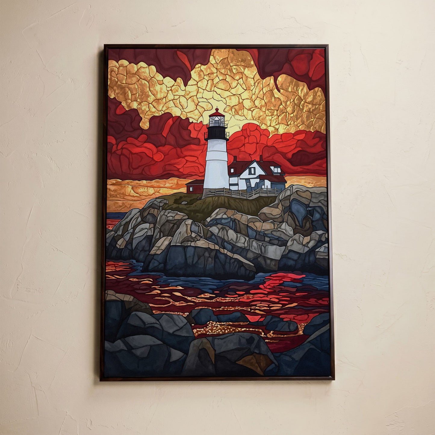 Lighthouse on Rocky Coast with Abstract Sky Canvas Print in dark walnut floating frame