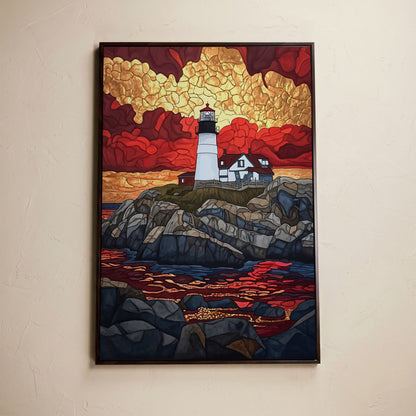 Lighthouse on Rocky Coast with Abstract Sky Canvas Print in dark walnut floating frame