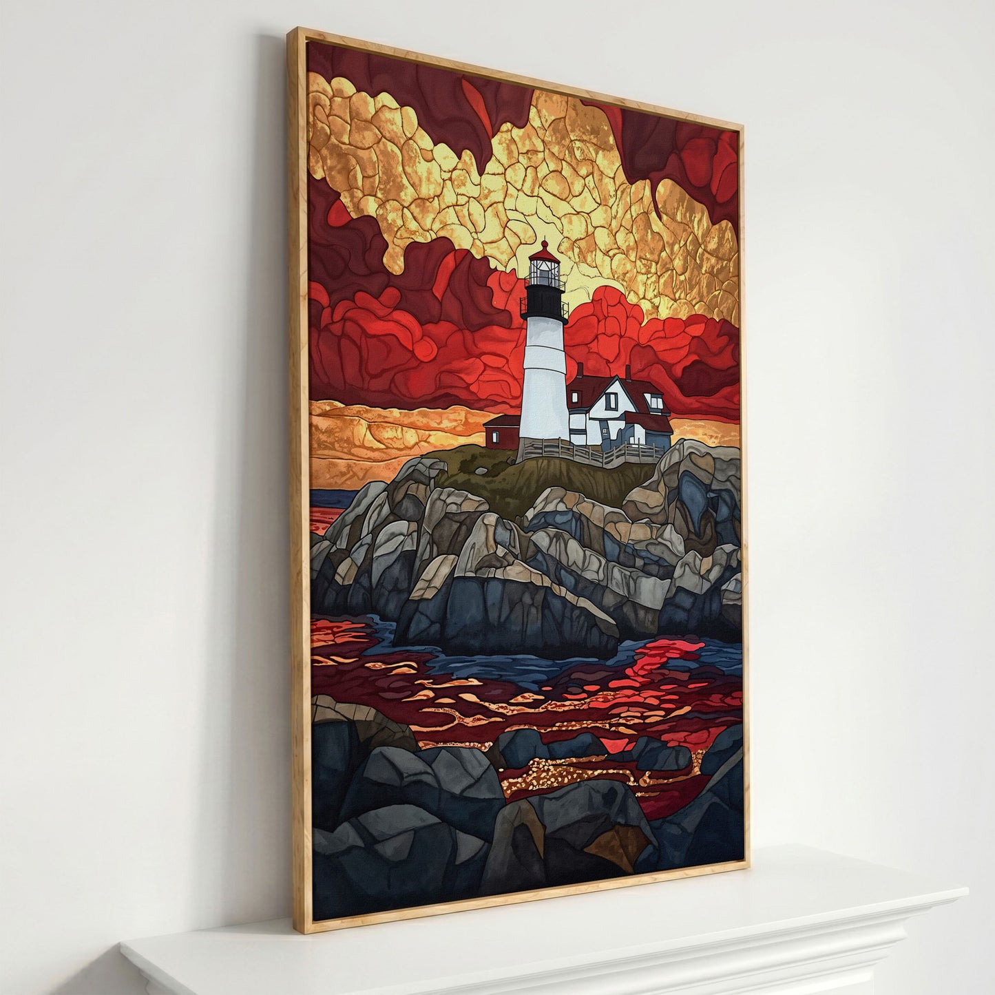 Lighthouse on Rocky Coast with Abstract Sky Canvas Print in white oak floating frame