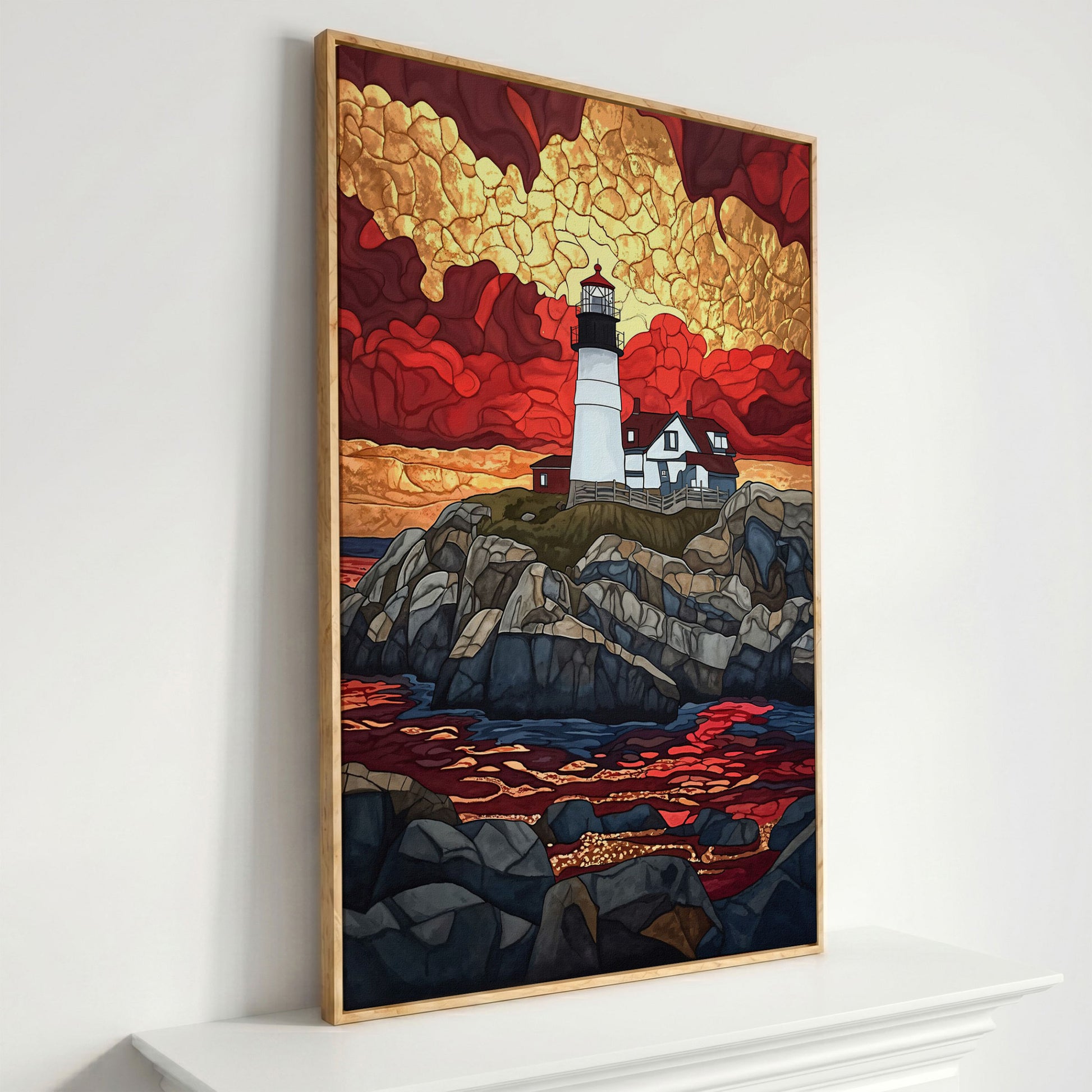 Lighthouse on Rocky Coast with Abstract Sky Canvas Print in white oak floating frame