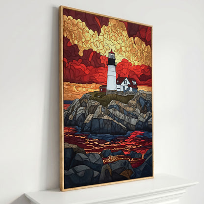 Lighthouse on Rocky Coast with Abstract Sky Canvas Print in white oak floating frame