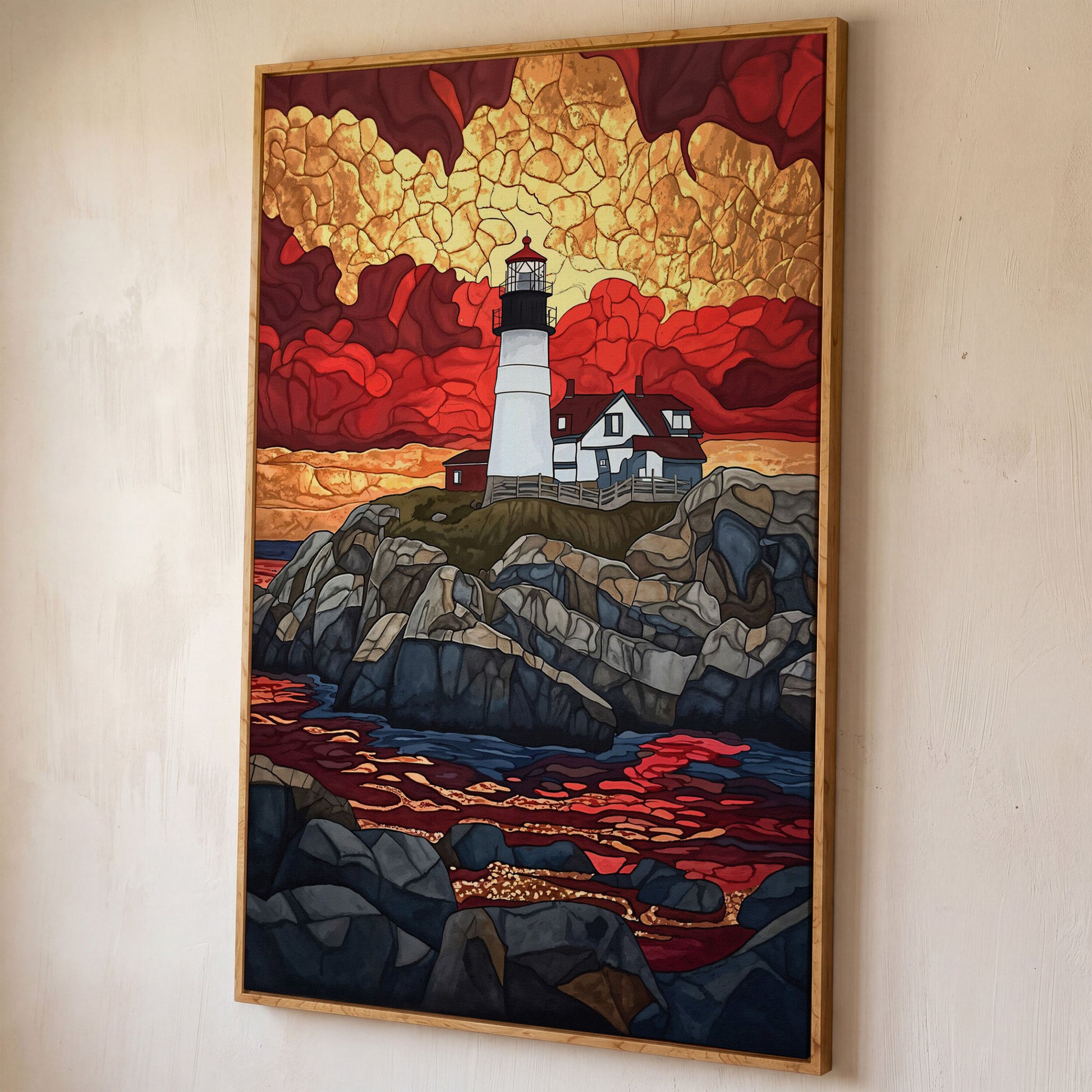 Lighthouse on Rocky Coast with Abstract Sky Canvas Print shown in white oak floating frame