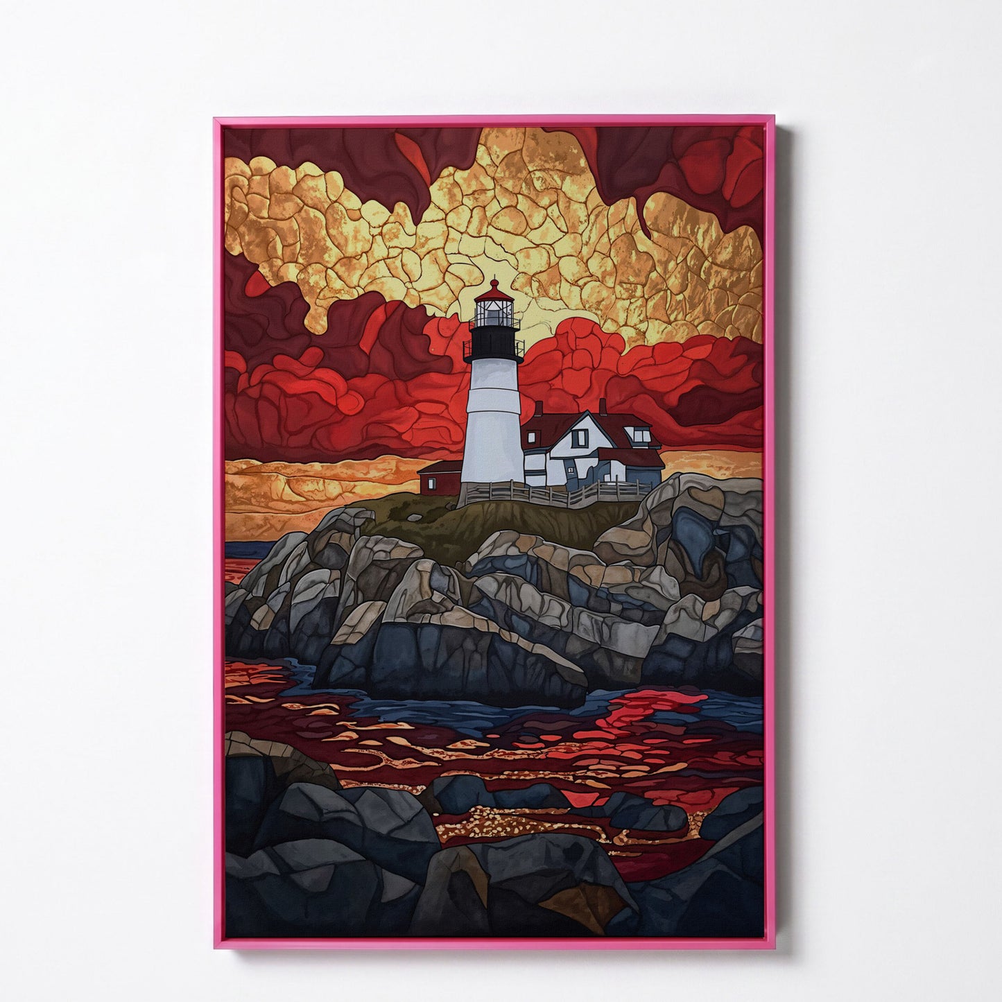 Lighthouse on Rocky Coast with Abstract Sky Canvas Print in pink floating frame