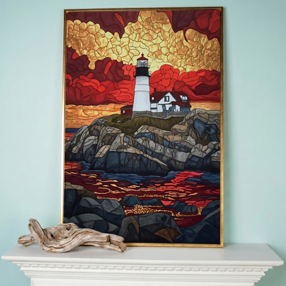 Lighthouse on Rocky Coast with Abstract Sky Canvas Print in rose gold floating frame