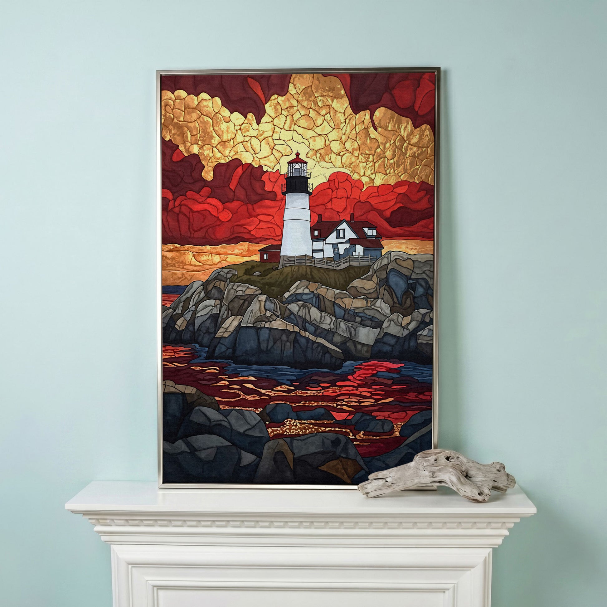 Lighthouse on Rocky Coast with Abstract Sky Canvas Print in silver floating frame