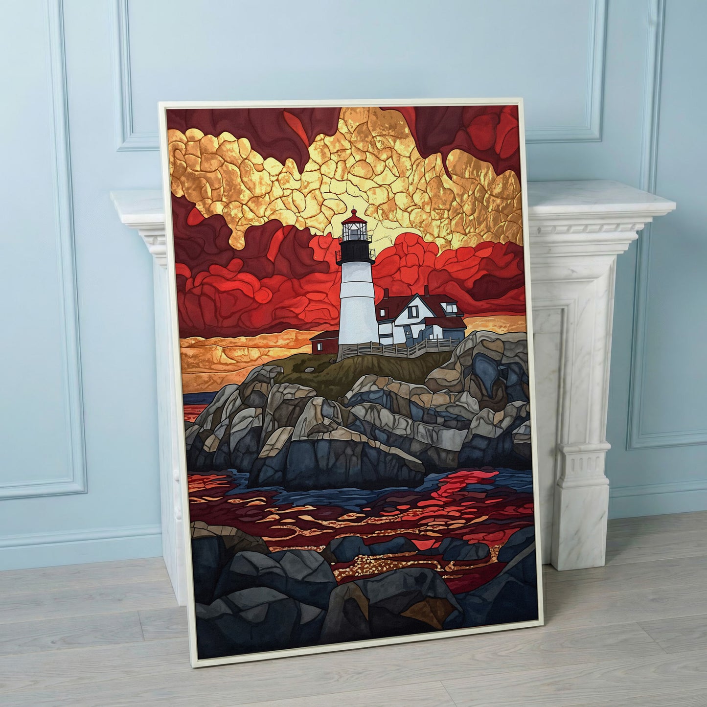 Lighthouse on Rocky Coast with Abstract Sky Canvas Print in white floating frame