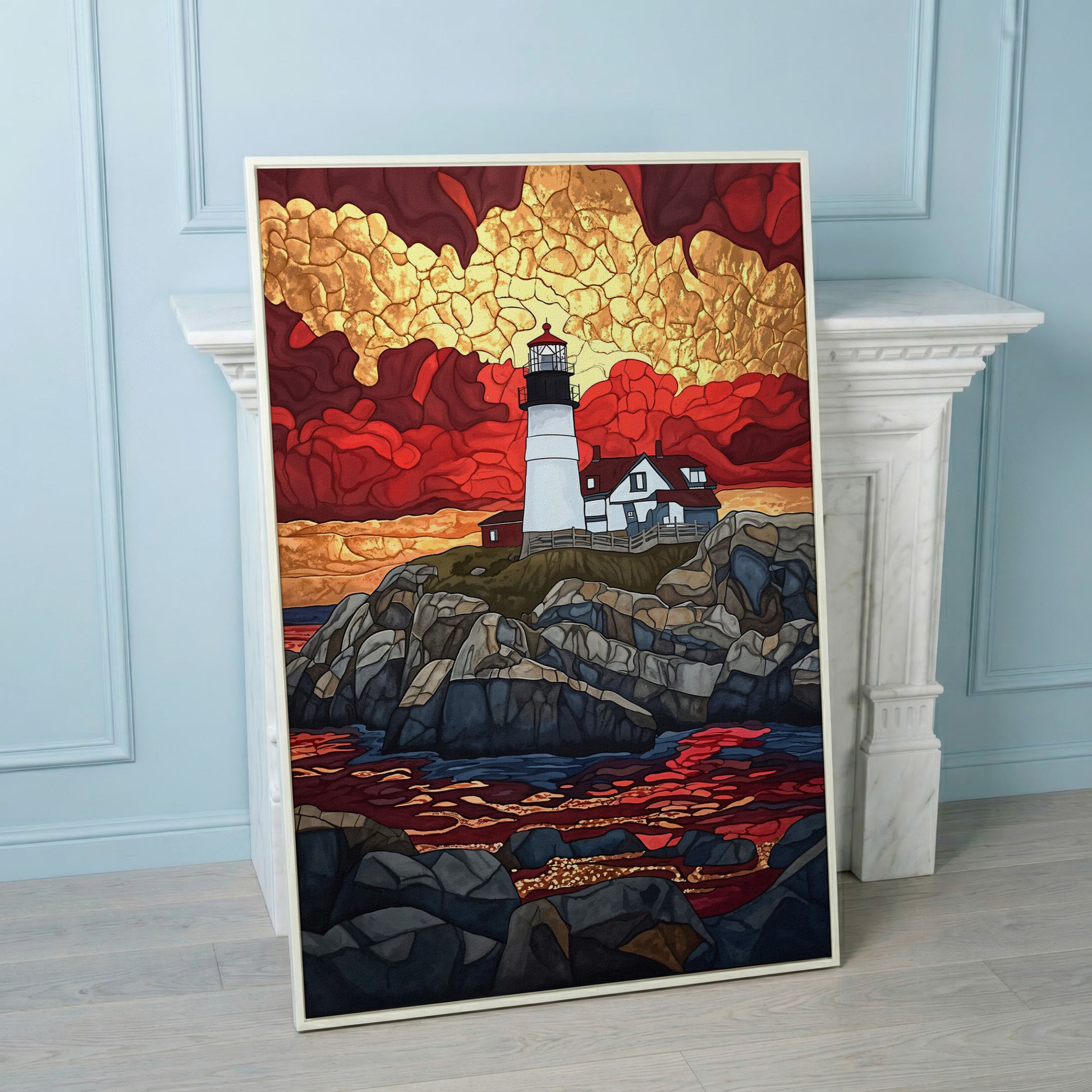 Lighthouse on Rocky Coast with Abstract Sky Canvas Print in white floating frame