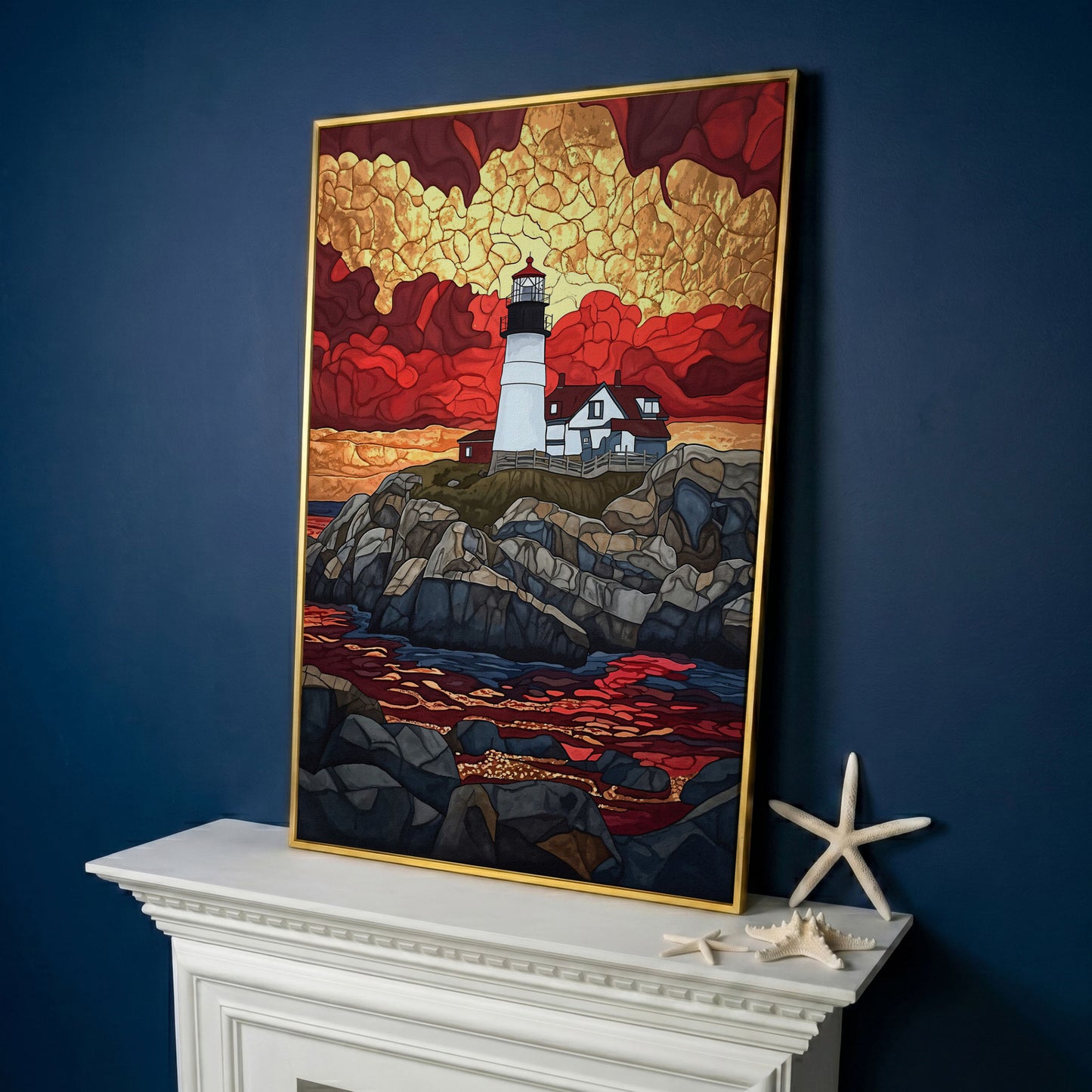 Lighthouse on Rocky Coast with Abstract Sky Canvas Print in yellow gold floating frame
