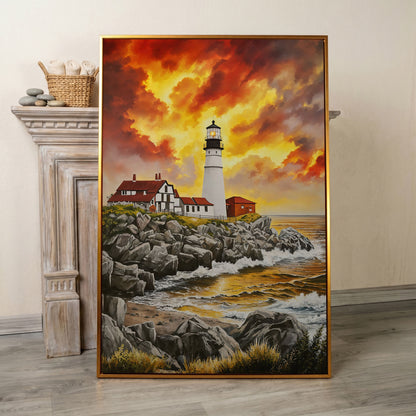 Rocky Coastline Lighthouse at Sunset Canvas Wall Art in antique gold floating frame