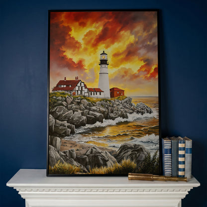 Rocky Coastline Lighthouse at Sunset Canvas Wall Art in black floating frame
