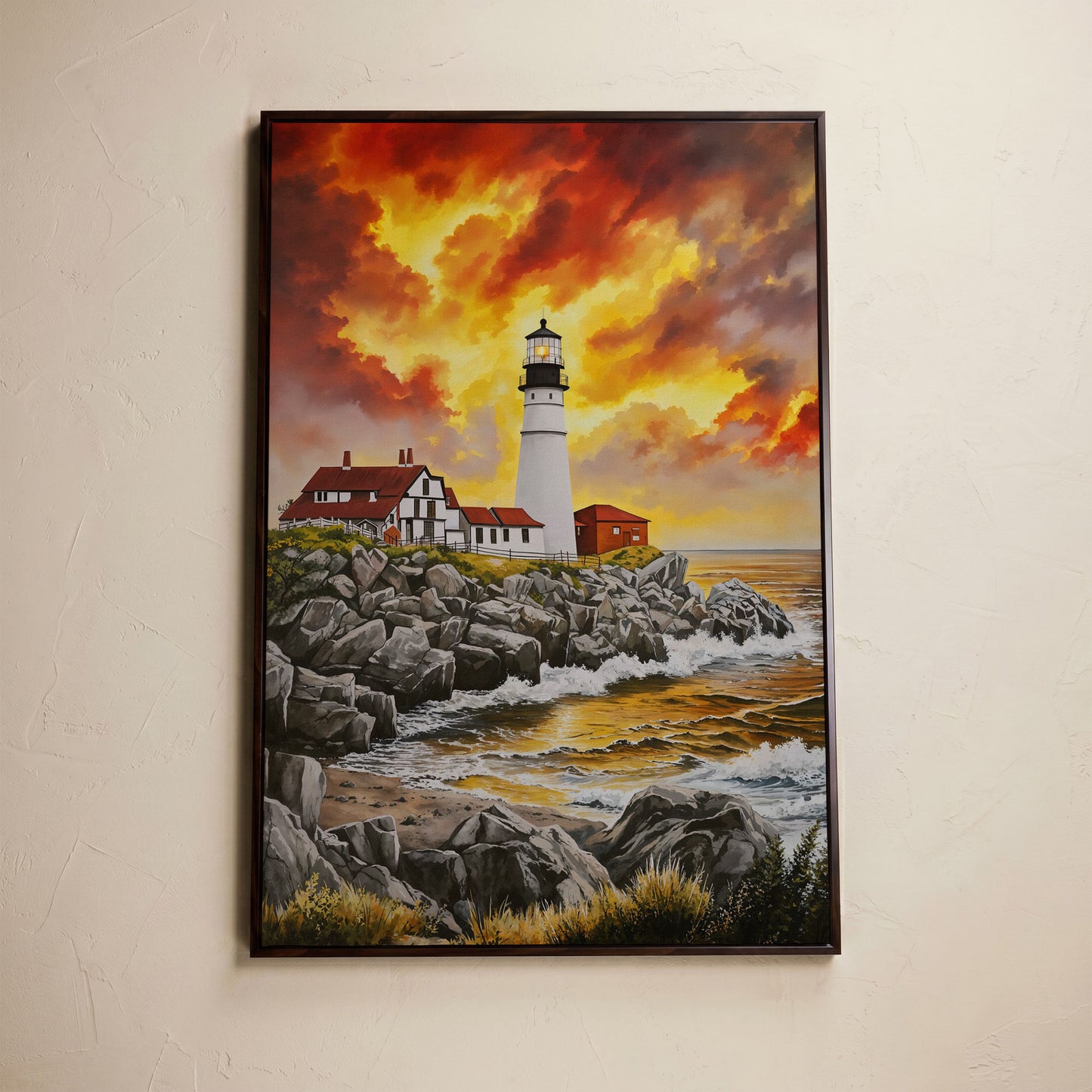 Rocky Coastline Lighthouse at Sunset Canvas Wall Art in dark walnut floating frame
