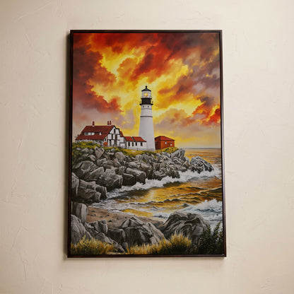 Rocky Coastline Lighthouse at Sunset Canvas Wall Art in dark walnut floating frame