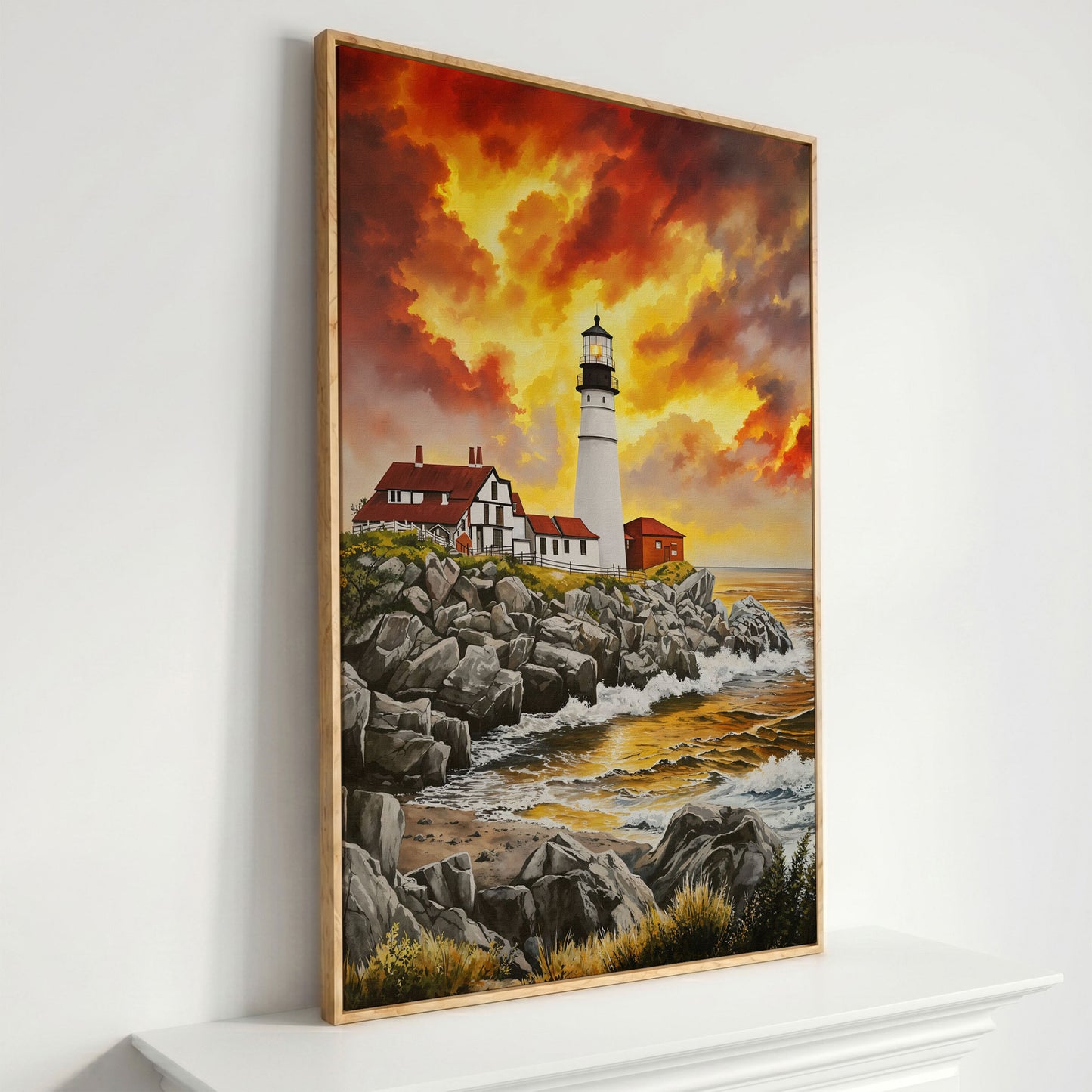 Rocky Coastline Lighthouse at Sunset Canvas Wall Art in white oak floating frame