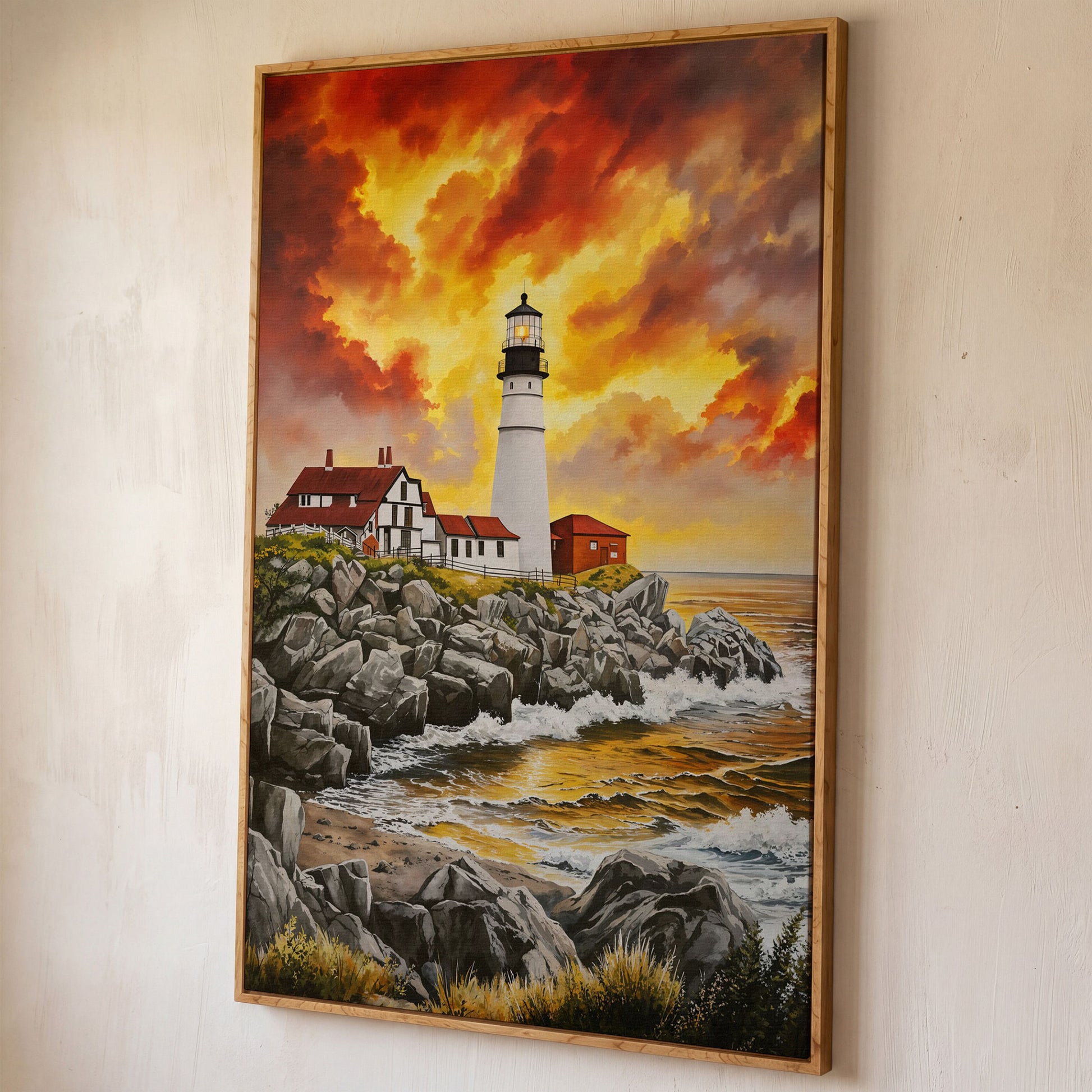 Rocky Coastline Lighthouse at Sunset Canvas Wall Art shown in white oak floating frame