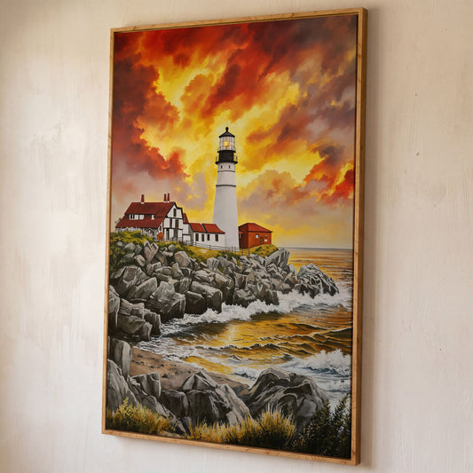 Rocky Coastline Lighthouse at Sunset Canvas Wall Art shown in white oak floating frame