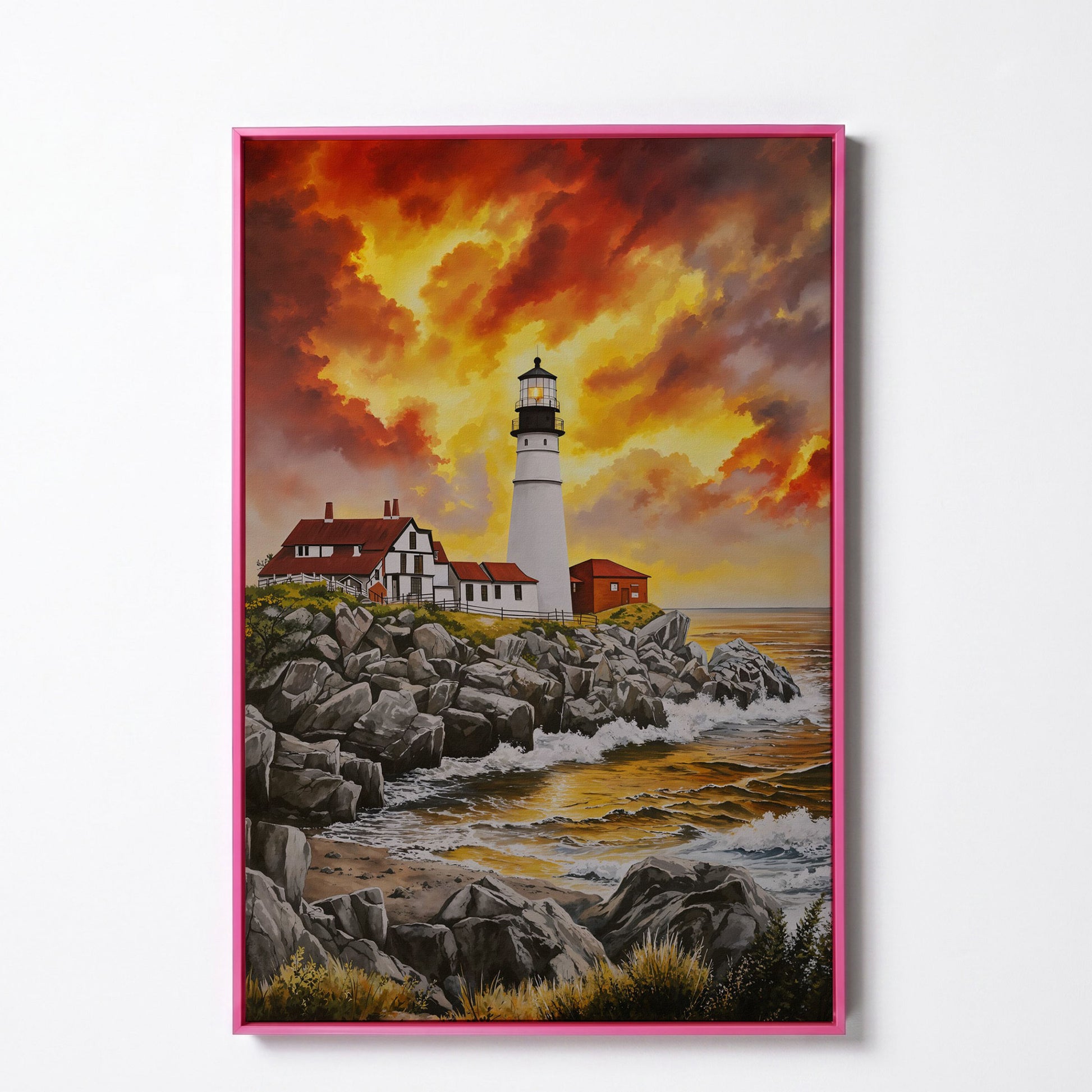 Rocky Coastline Lighthouse at Sunset Canvas Wall Art in pink floating frame