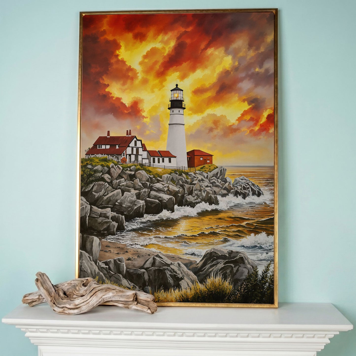 Rocky Coastline Lighthouse at Sunset Canvas Wall Art in rose gold floating frame