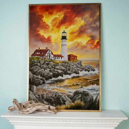 Rocky Coastline Lighthouse at Sunset Canvas Wall Art in rose gold floating frame