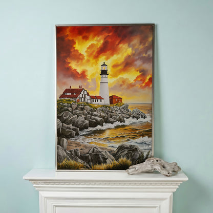 Rocky Coastline Lighthouse at Sunset Canvas Wall Art in silver floating frame