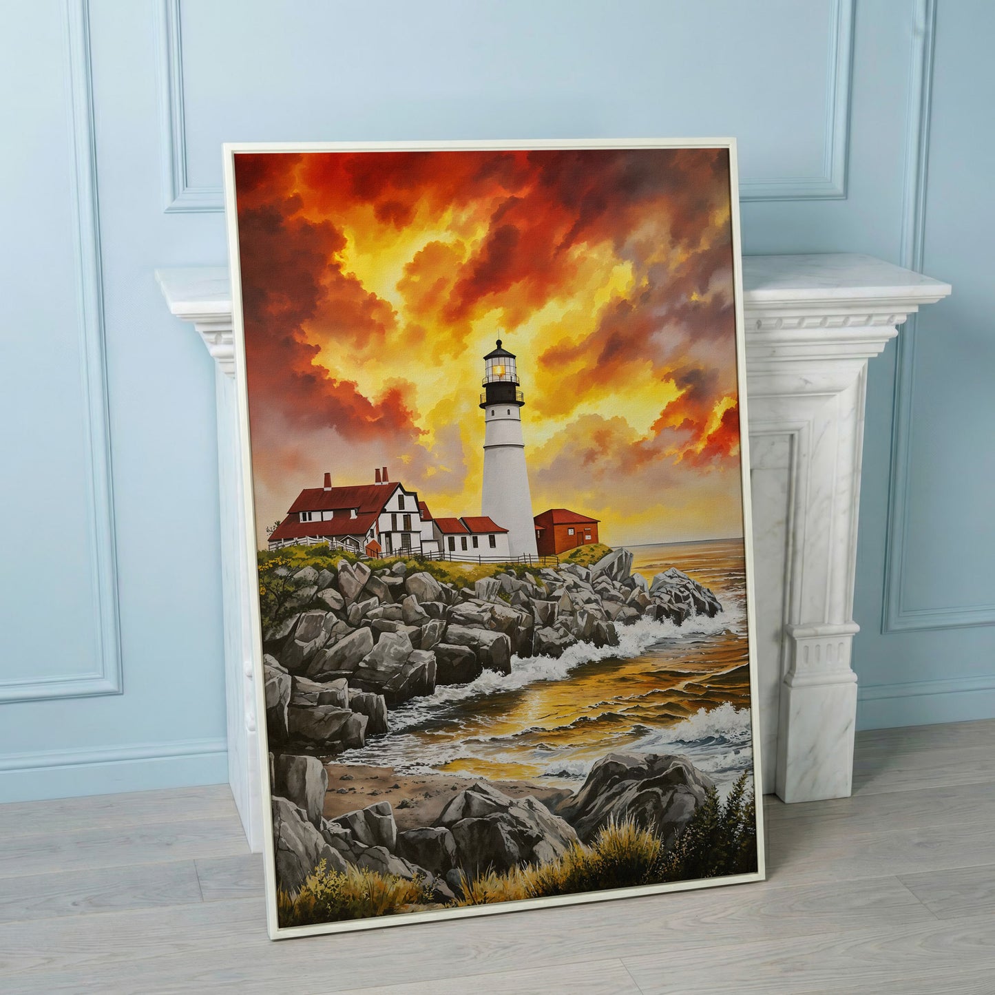 Rocky Coastline Lighthouse at Sunset Canvas Wall Art in white floating frame