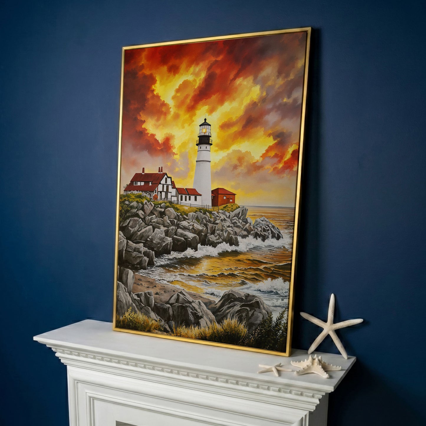 Rocky Coastline Lighthouse at Sunset Canvas Wall Art in yellow gold floating frame