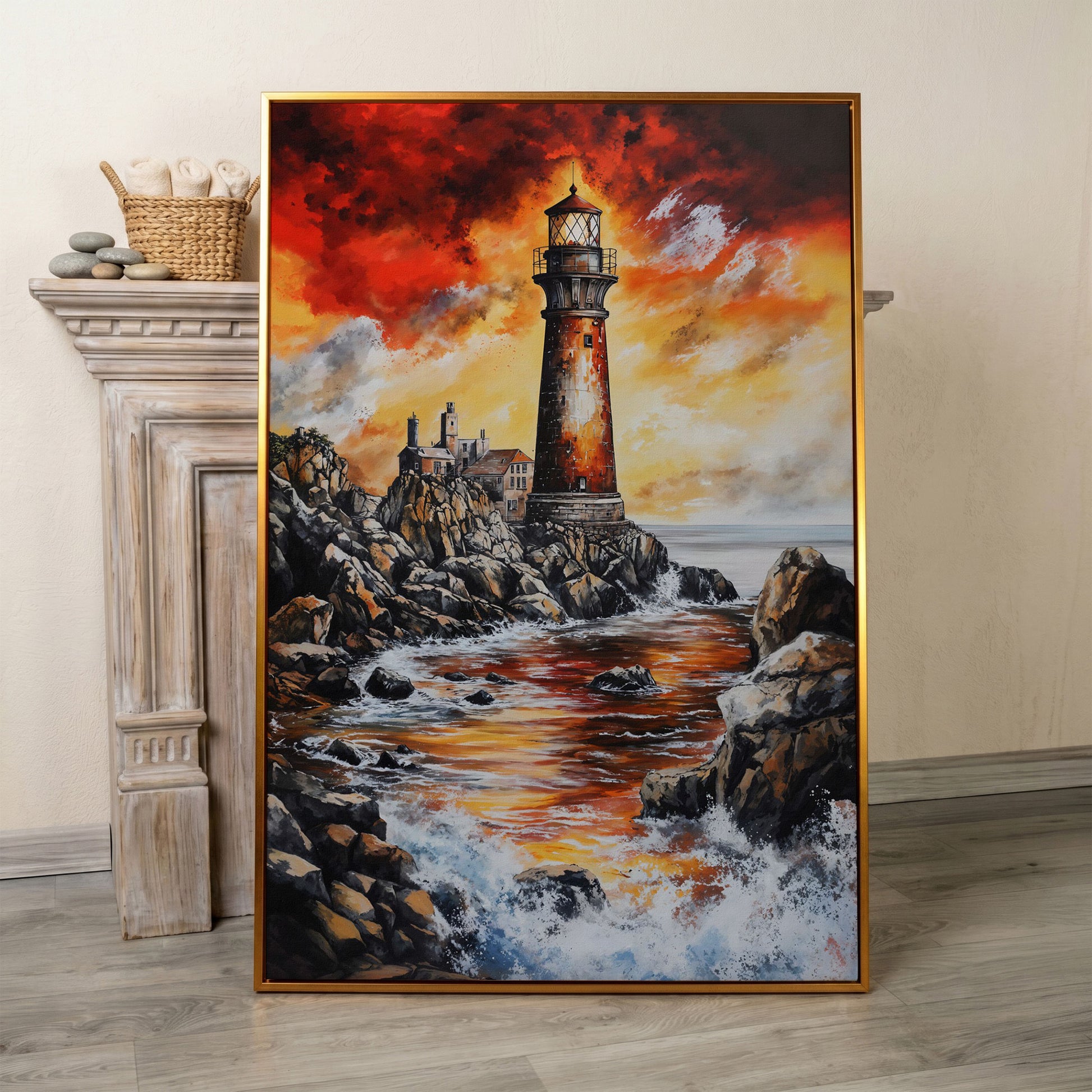 Lighthouse at Sunset, Rocky Coastline Canvas Wall Art in antique gold floating frame