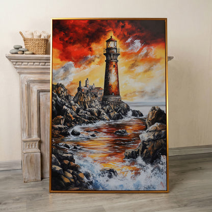 Lighthouse at Sunset, Rocky Coastline Canvas Wall Art in antique gold floating frame