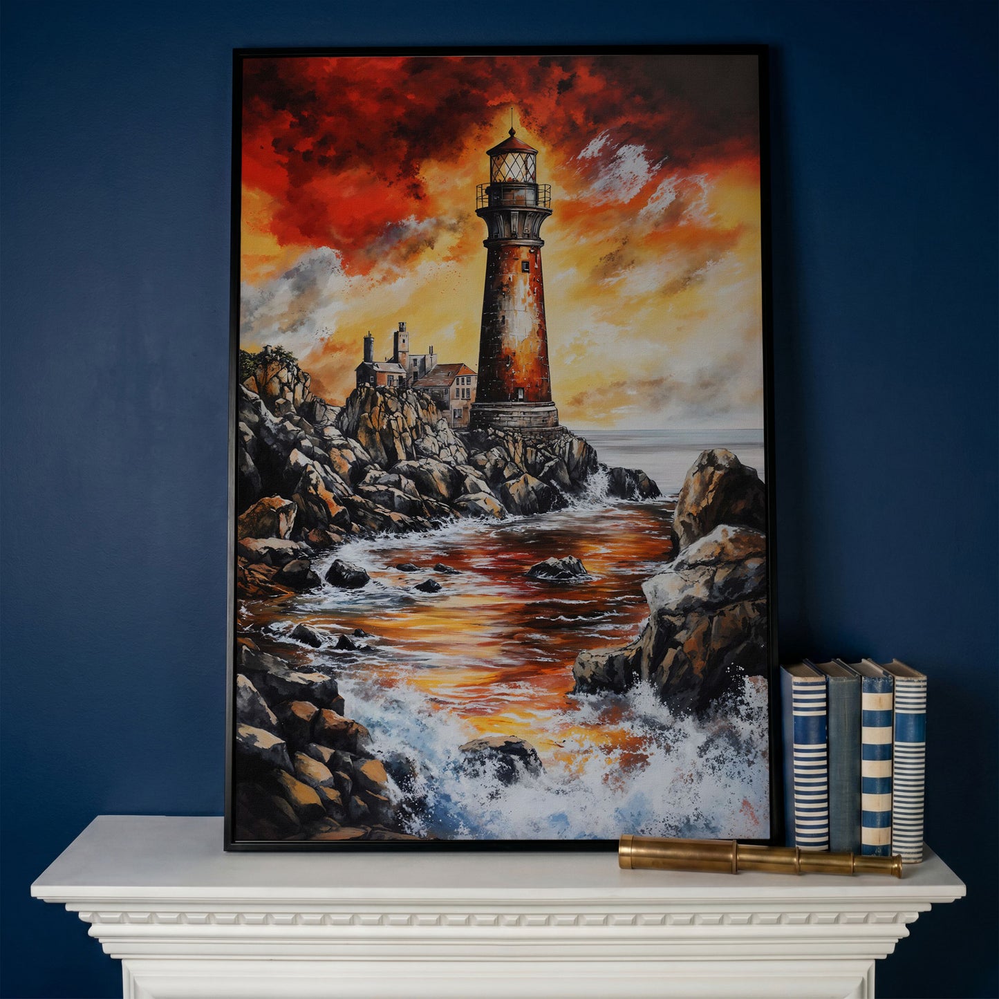 Lighthouse at Sunset, Rocky Coastline Canvas Wall Art in black floating frame