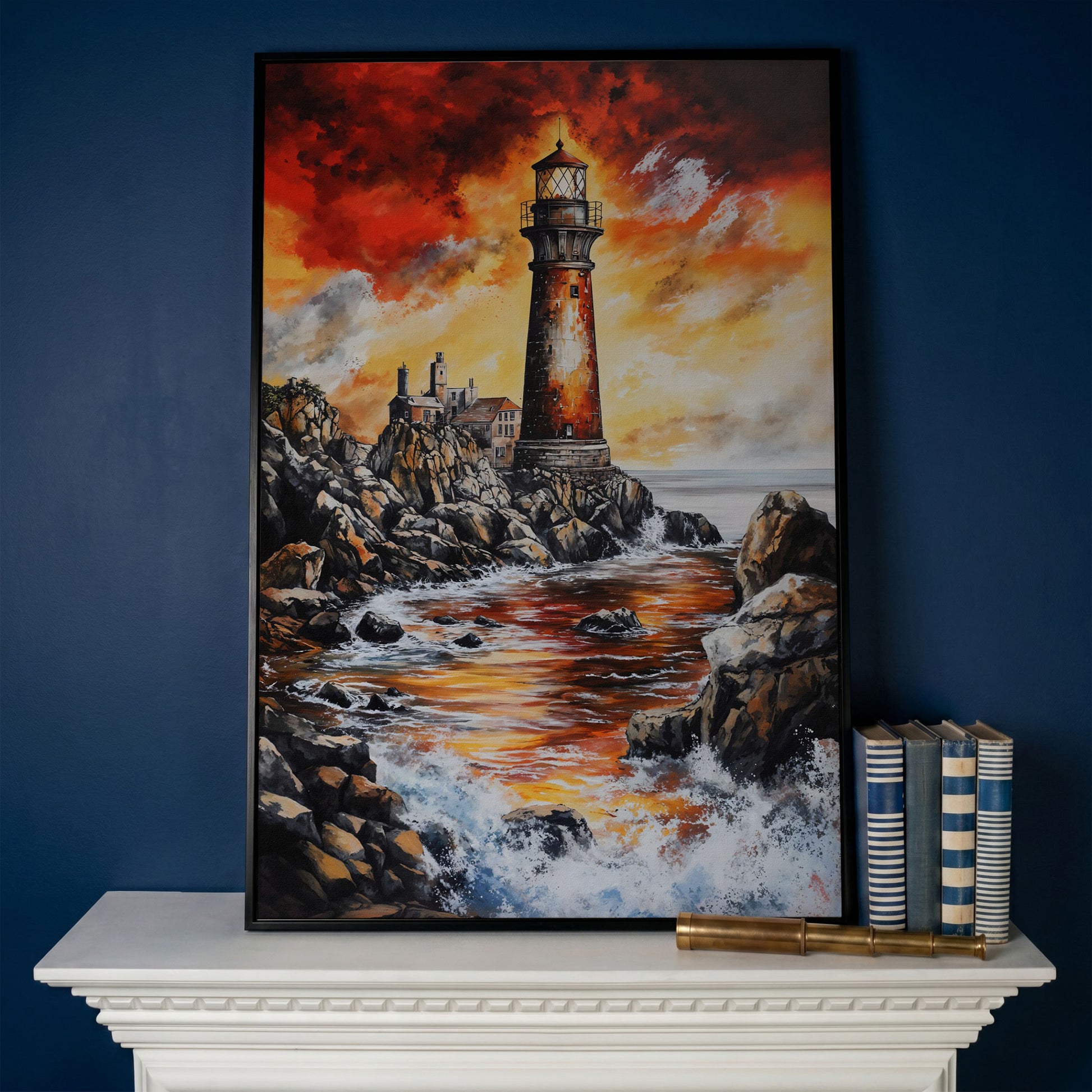 Lighthouse at Sunset, Rocky Coastline Canvas Wall Art in black floating frame
