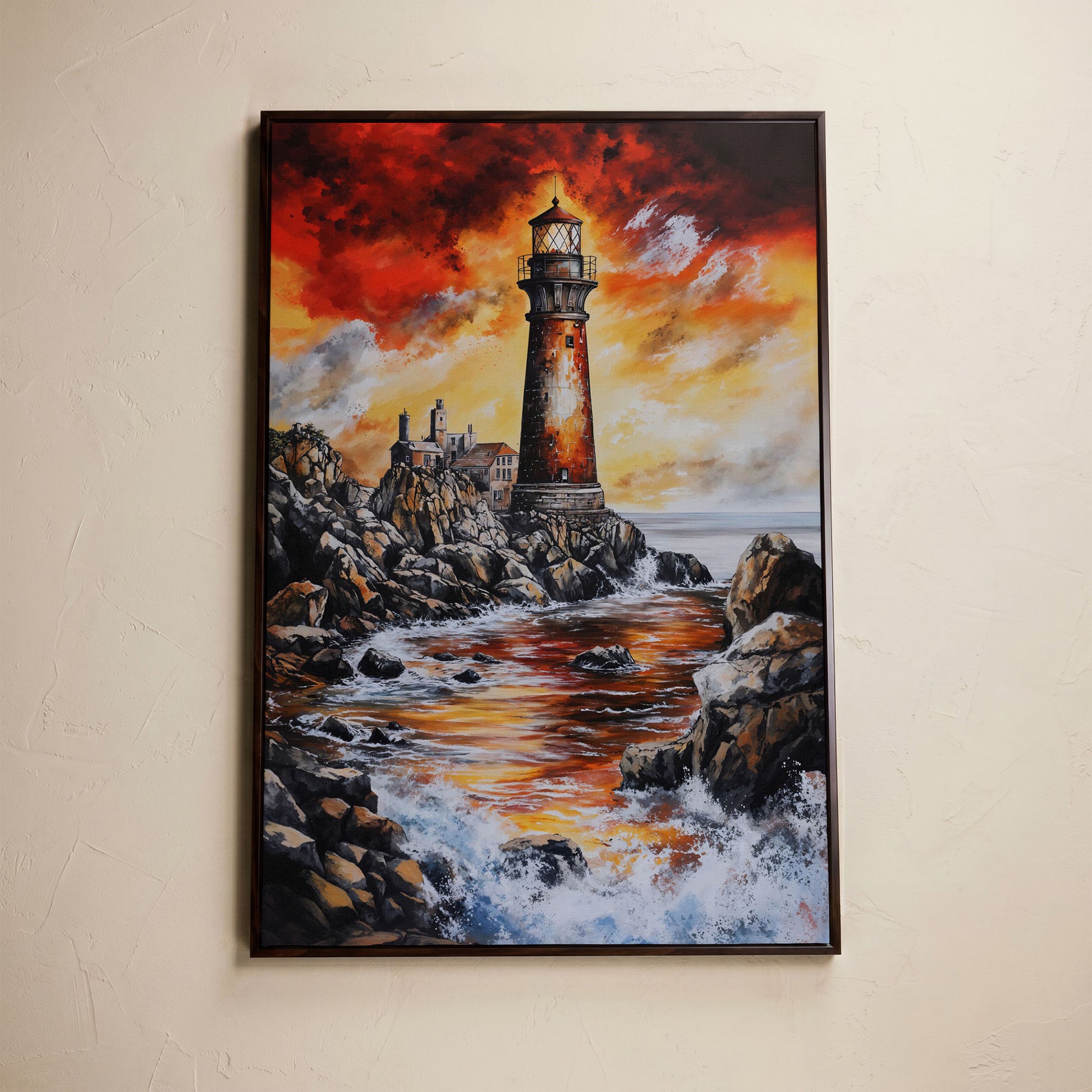 Lighthouse at Sunset, Rocky Coastline Canvas Wall Art in dark walnut floating frame
