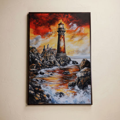 Lighthouse at Sunset, Rocky Coastline Canvas Wall Art in dark walnut floating frame