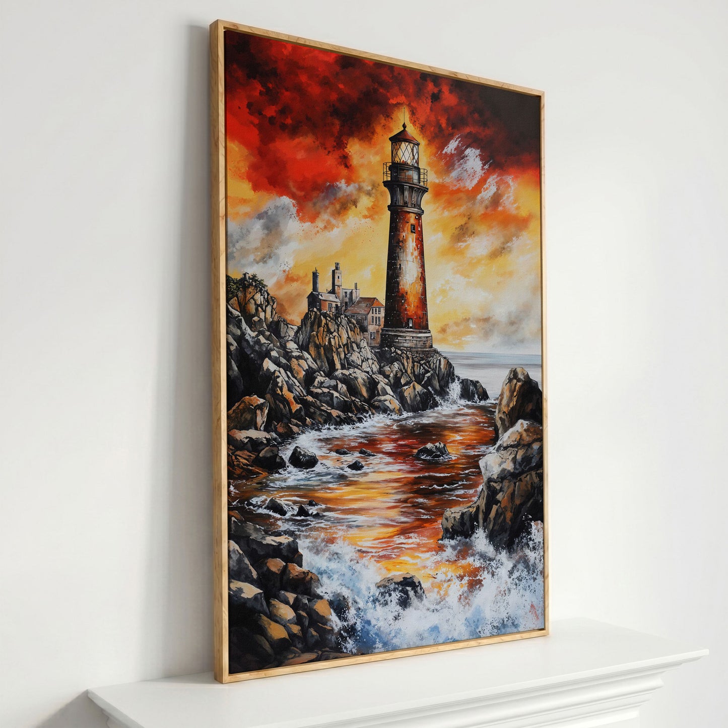 Lighthouse at Sunset, Rocky Coastline Canvas Wall Art in white oak floating frame