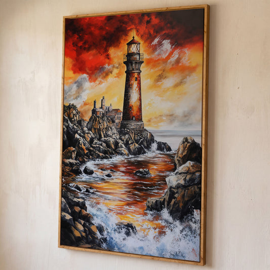 Lighthouse at Sunset, Rocky Coastline Canvas Wall Art shown in white oak floating frame