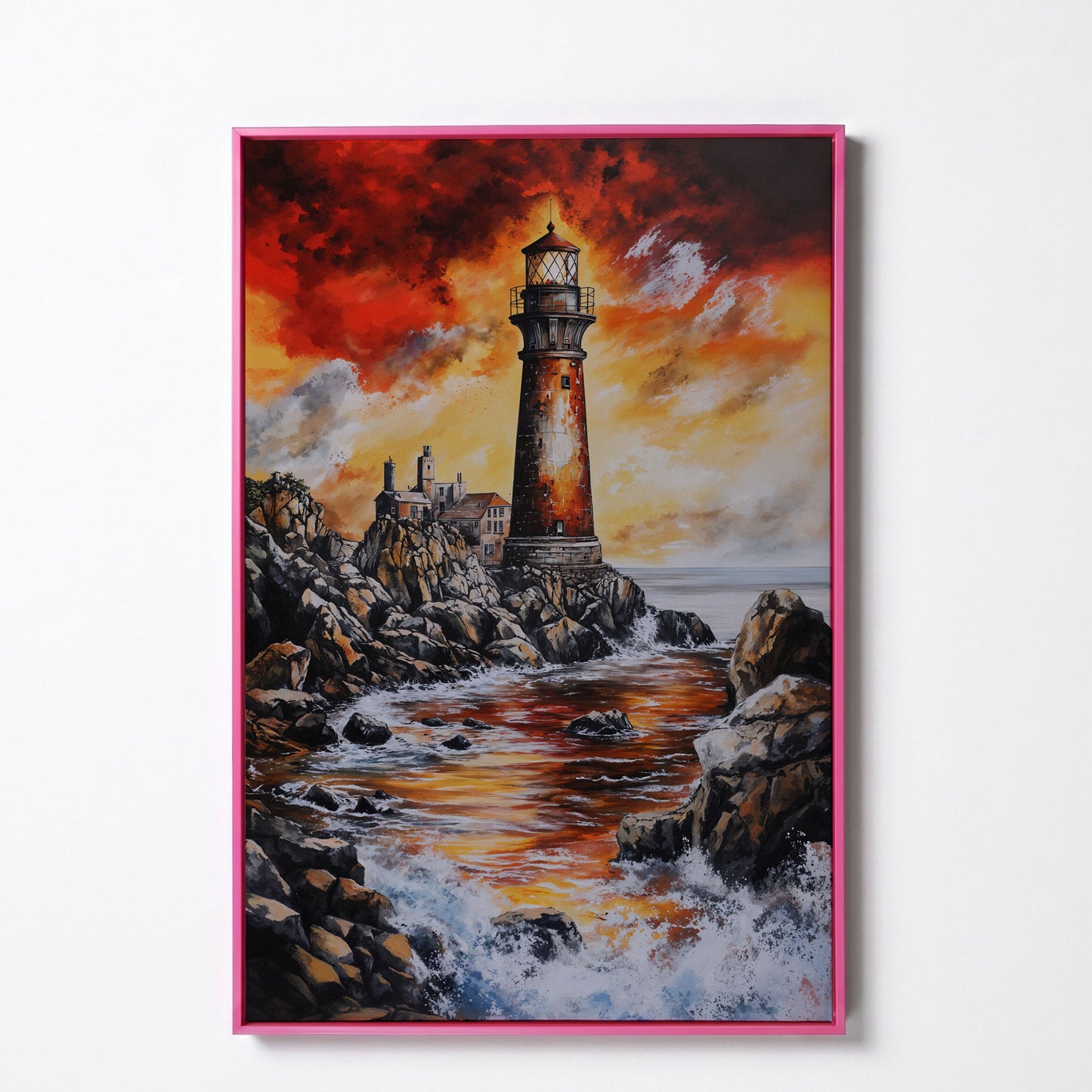 Lighthouse at Sunset, Rocky Coastline Canvas Wall Art in pink floating frame