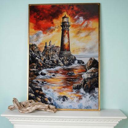 Lighthouse at Sunset, Rocky Coastline Canvas Wall Art in rose gold floating frame