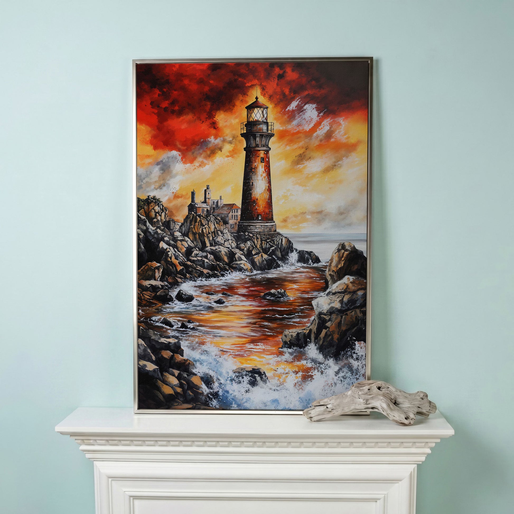 Lighthouse at Sunset, Rocky Coastline Canvas Wall Art in silver floating frame