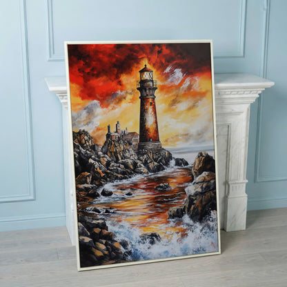 Lighthouse at Sunset, Rocky Coastline Canvas Wall Art in white floating frame