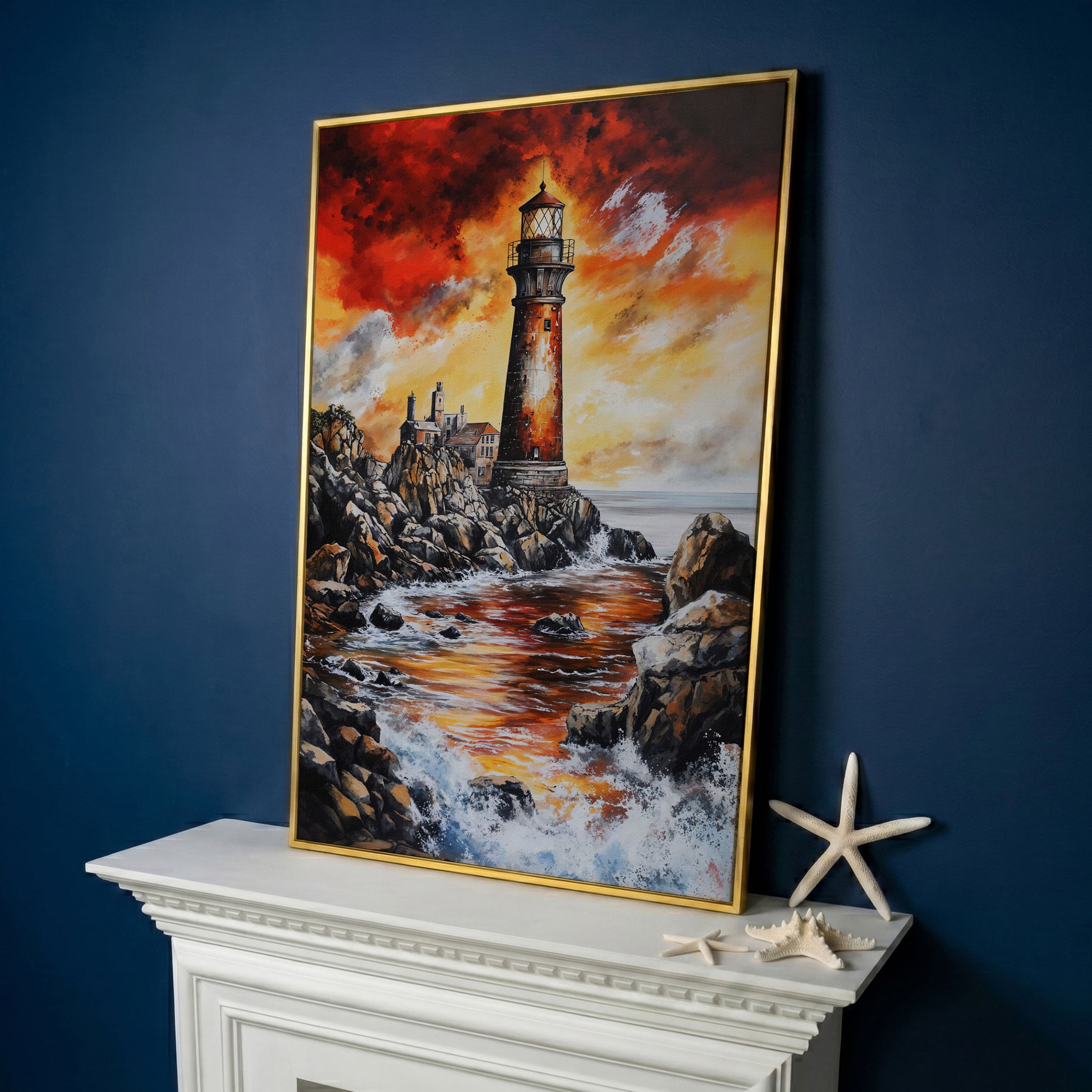 Lighthouse at Sunset, Rocky Coastline Canvas Wall Art in yellow gold floating frame