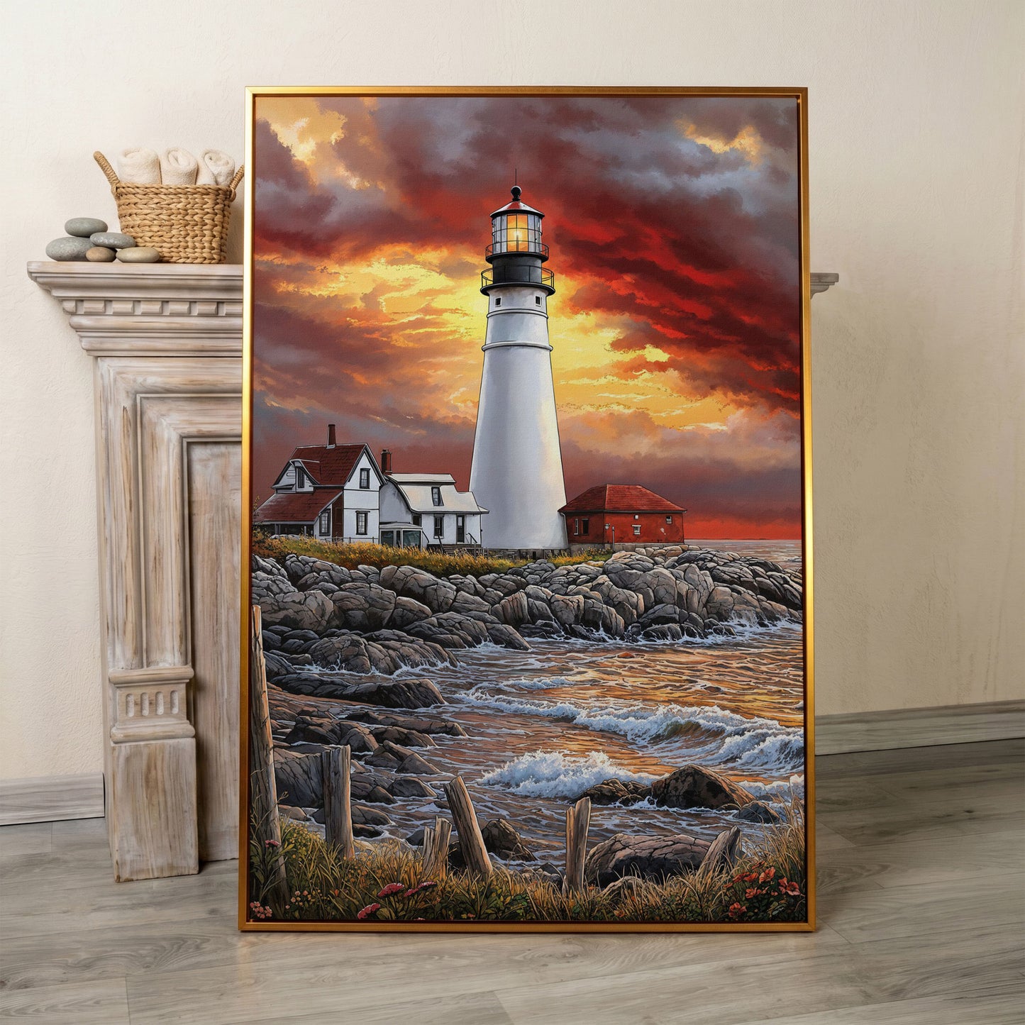 White Lighthouse on Rocky Shore at Sunset. Canvas Wall Art in antique gold floating frame