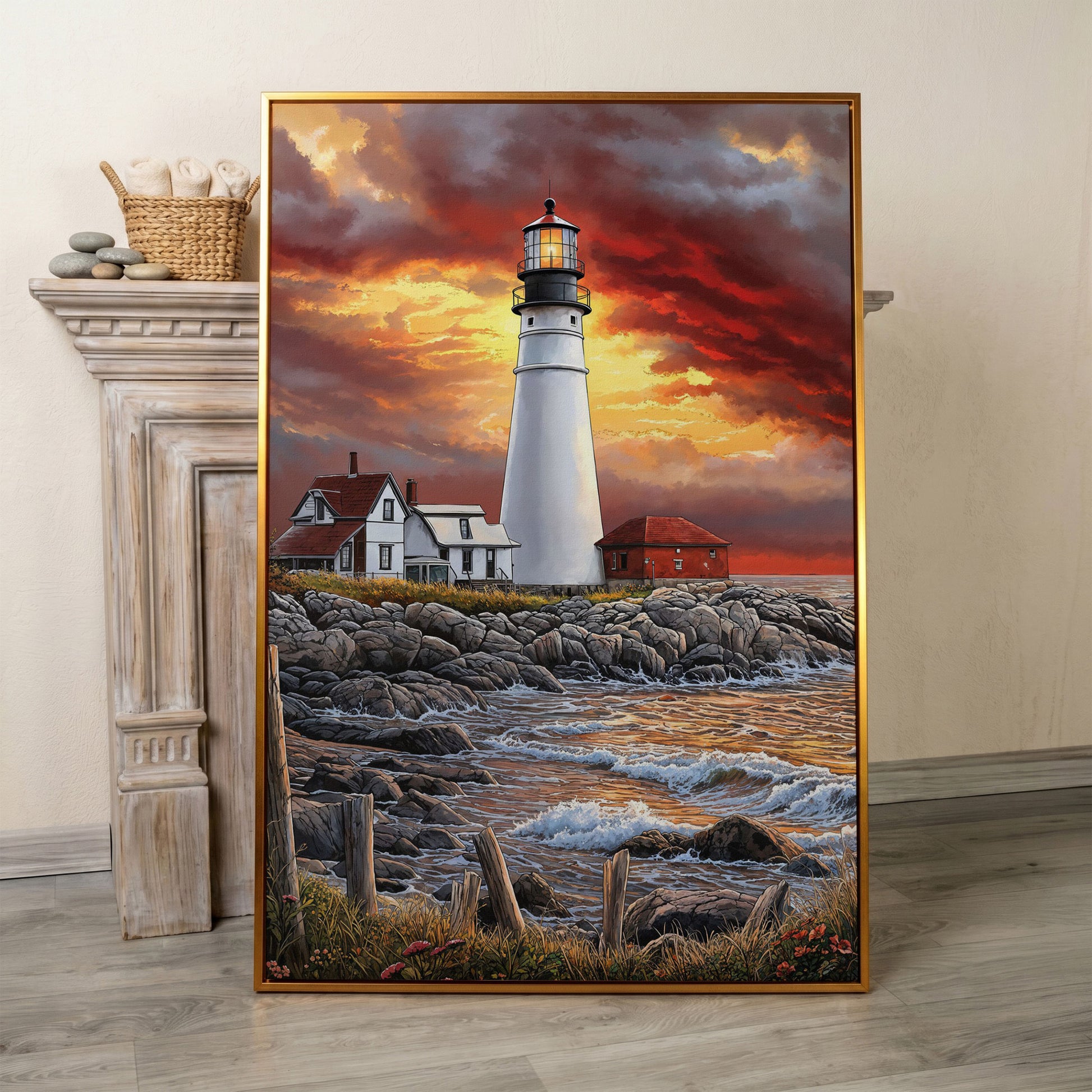 White Lighthouse on Rocky Shore at Sunset. Canvas Wall Art in antique gold floating frame