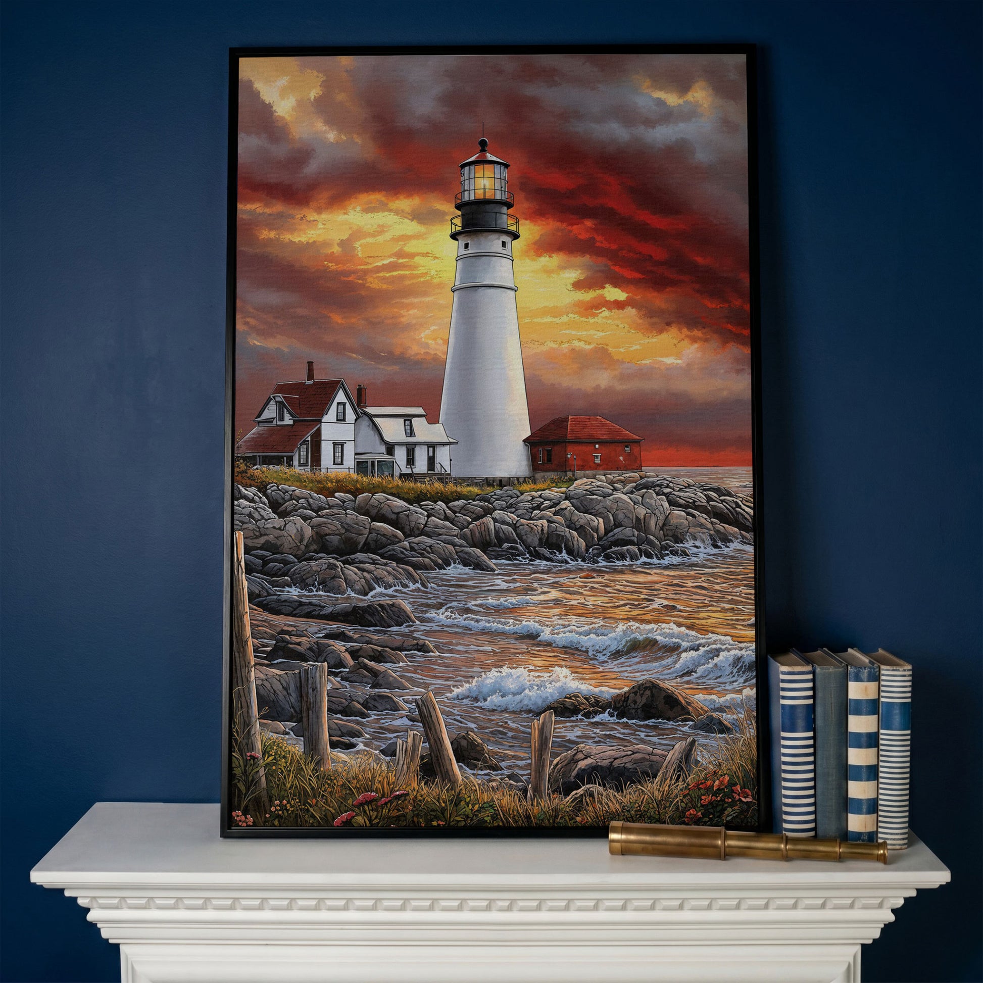 White Lighthouse on Rocky Shore at Sunset. Canvas Wall Art in black floating frame