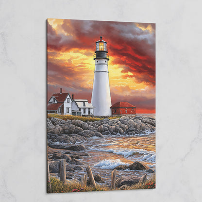 White Lighthouse on Rocky Shore at Sunset. Canvas Wall Art on gallery wrap