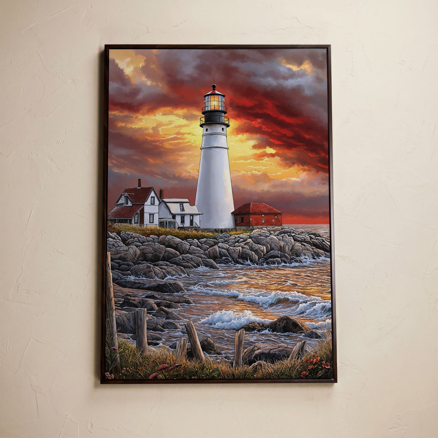 White Lighthouse on Rocky Shore at Sunset. Canvas Wall Art in dark walnut floating frame