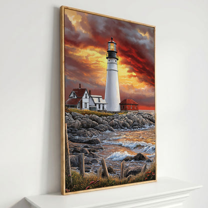 White Lighthouse on Rocky Shore at Sunset. Canvas Wall Art in white oak floating frame