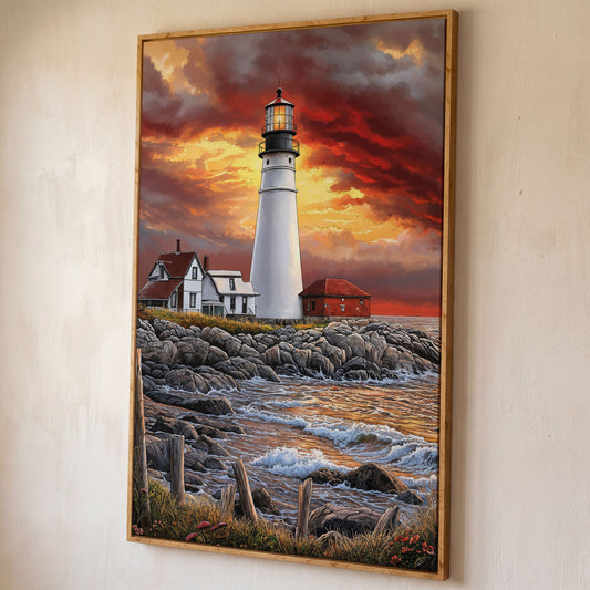 White Lighthouse on Rocky Shore at Sunset. Canvas Wall Art shown in white oak floating frame